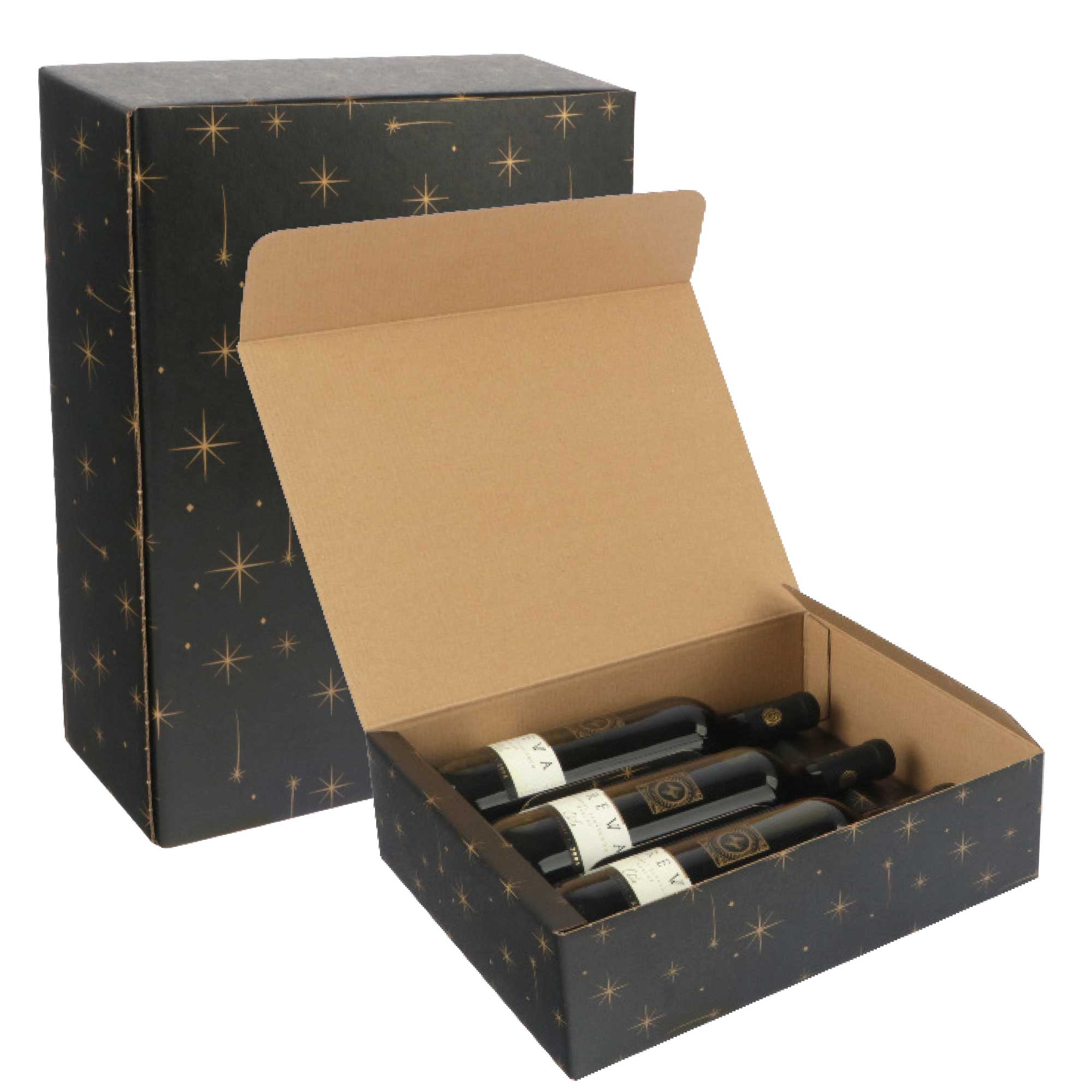 Afbeelding van Ds à 30 geschenkdoos 3 fles 34x27x9,5 cm zwart met sterren