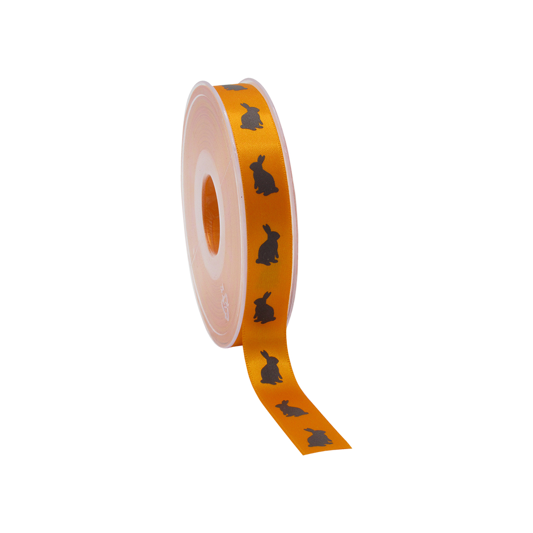 Afbeelding van Rol satijnlint 15 mm 25 mtr chocolate bunny lente oranje