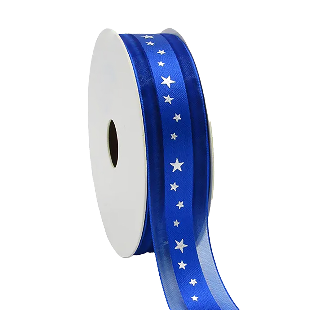 Afbeelding van Rol lint organza met satijn 25 mm 20 mtr Stars blauw