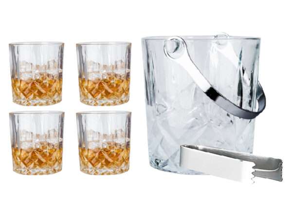 Afbeelding van Set à 4 whiskey glazen met ijsemmer en ijstang 