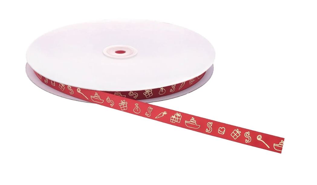 Afbeelding van Rol satijnlint 12 mm 100 mtr  rood/goud Sint