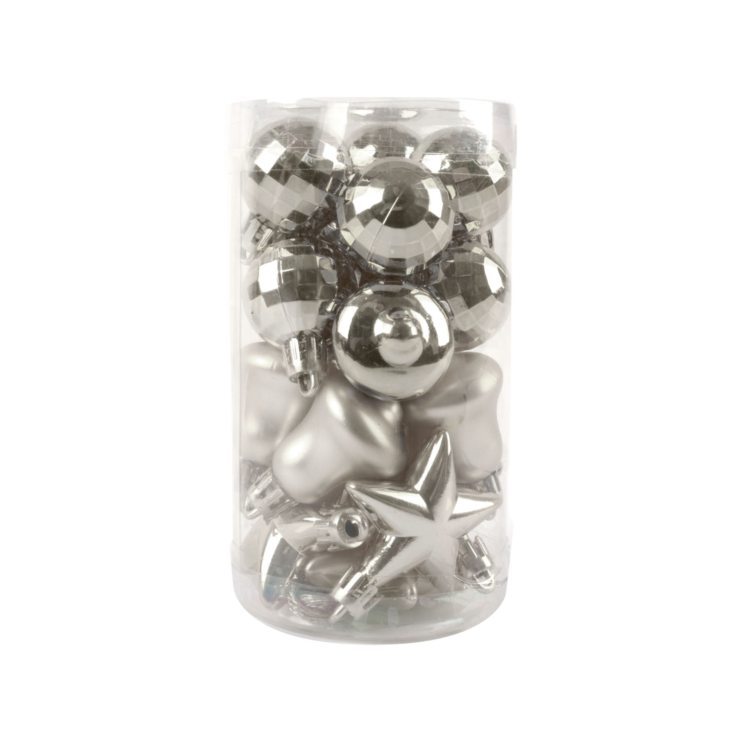 Afbeelding van Koker à 20 mini kerstster/bel/discobal zilver 3 & 4 cm