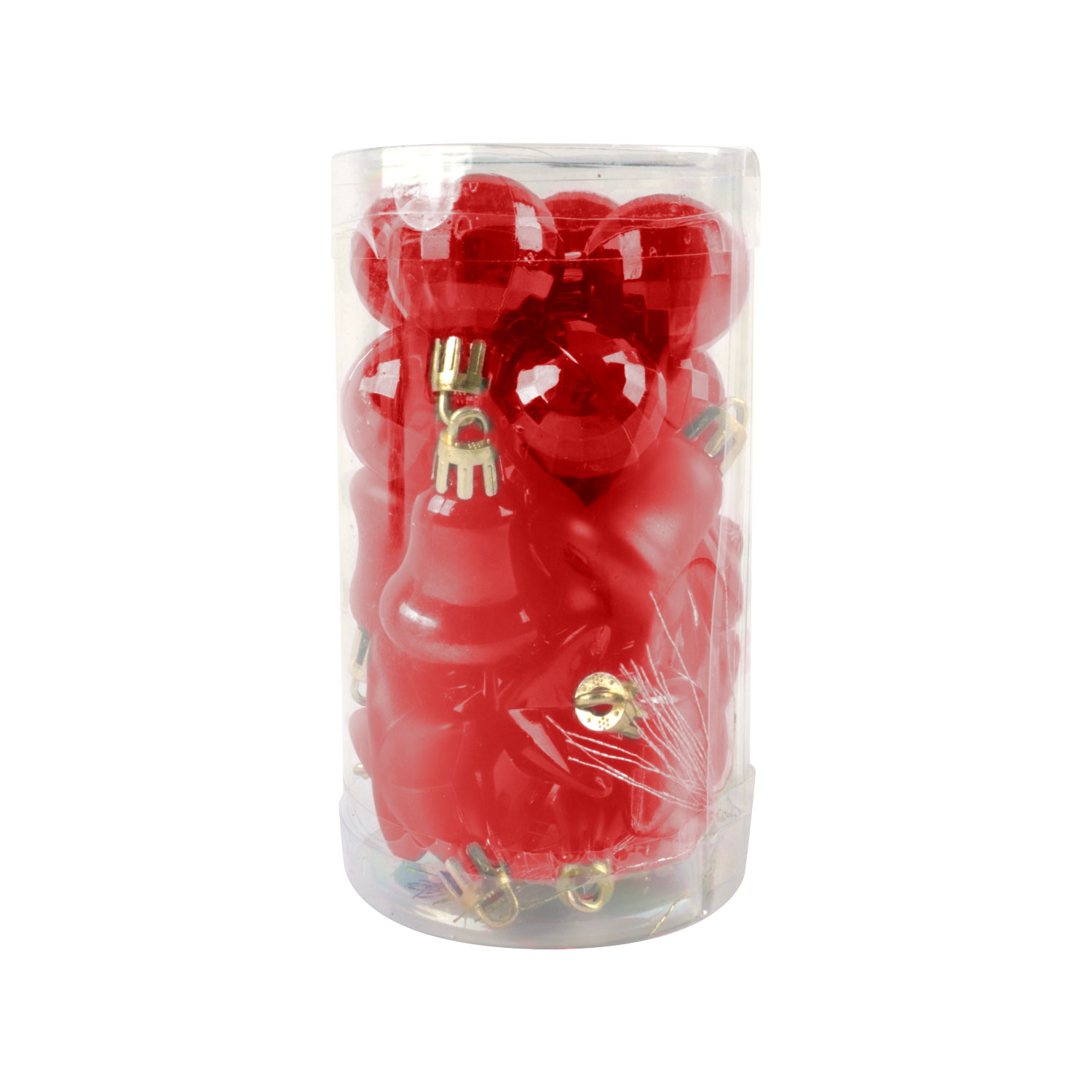 Afbeelding van Koker à 20 mini kerstster/bel/discobal rood 3 & 4 cm