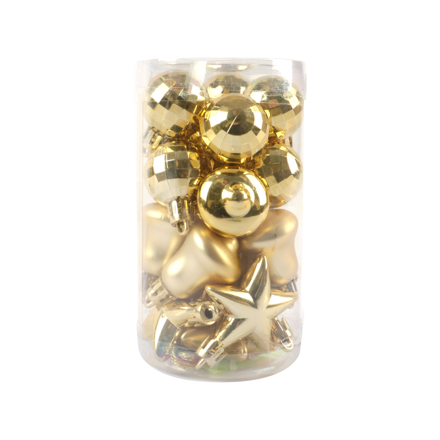 Afbeelding van Koker à 20 mini kerstster/bel/discobal goud 3 & 4 cm