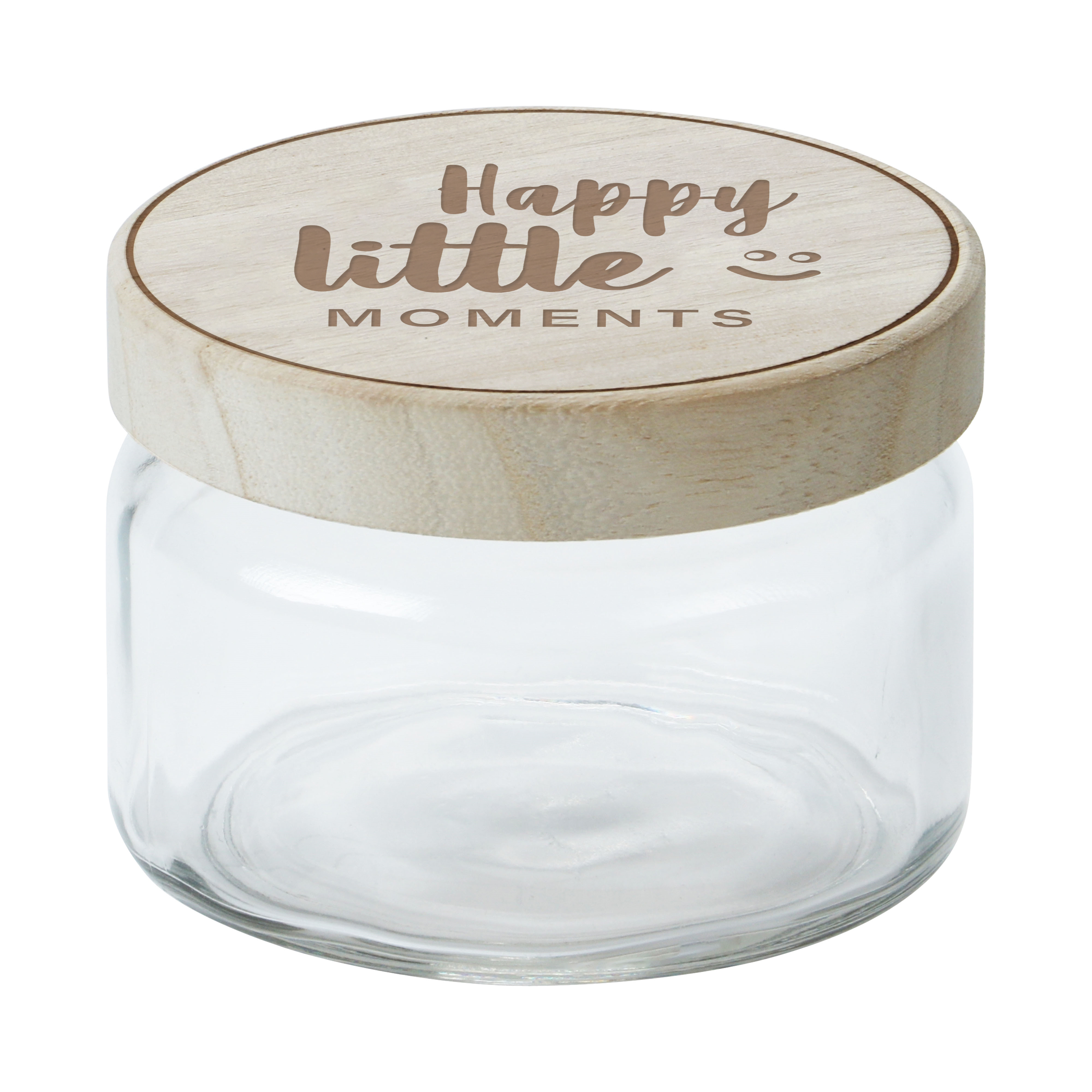 Picture of Glazen pot ø10x7,2 cm met houten deksel Happy little moments