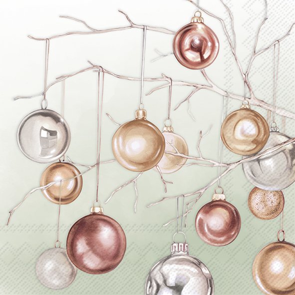 Afbeelding van Pak à 12 servetten 33x33 cm 3 laags Koperen kerstballen