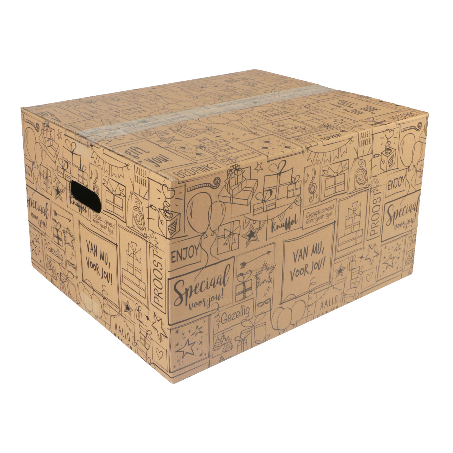 Afbeelding van Kerstdoos G270 doodles 49x39x27 cm kraft zwart met handgrepen