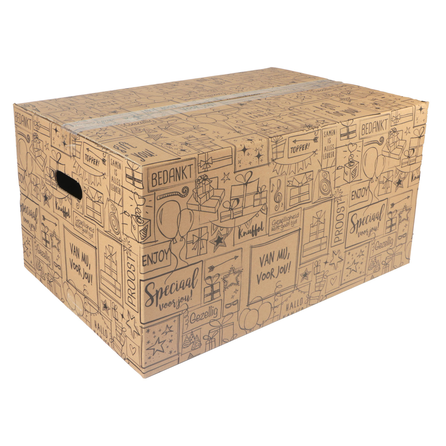 Afbeelding van Kerstdoos H300 doodles 59x39x30 cm kraft zwart met handgrepen