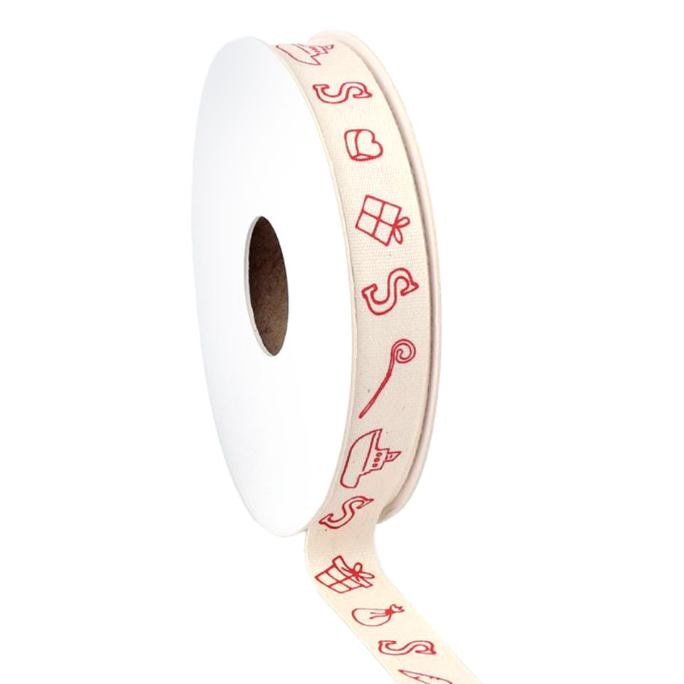 Afbeelding van Rol katoenlint 15 mm 20 mtr creme/rood Sint