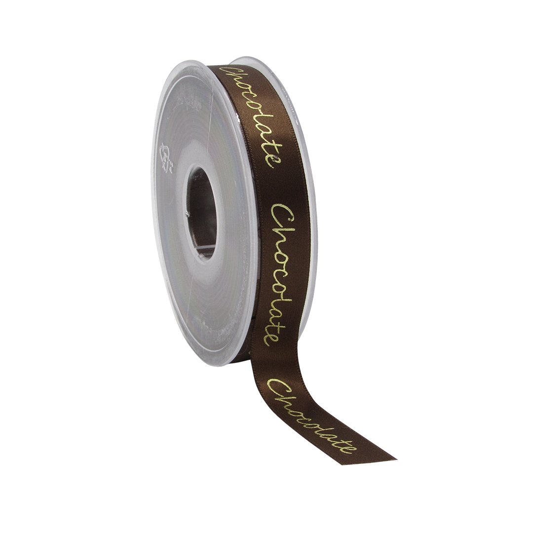 Afbeeldingen van Rol satijnlint 15 mm 25 mtr bruin met goud Chocolate (ucl)