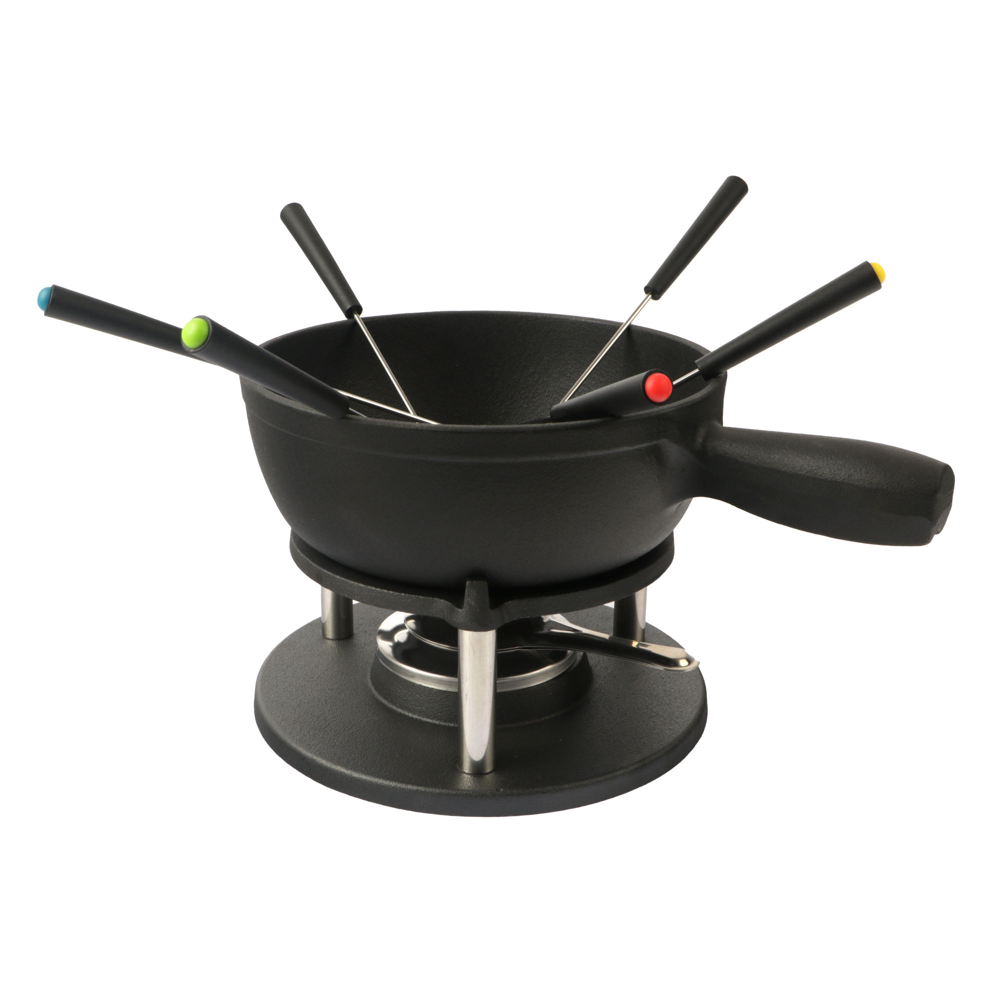 Afbeeldingen van Fonduepan gietijzer zwart met 6 vorkjes en steel 