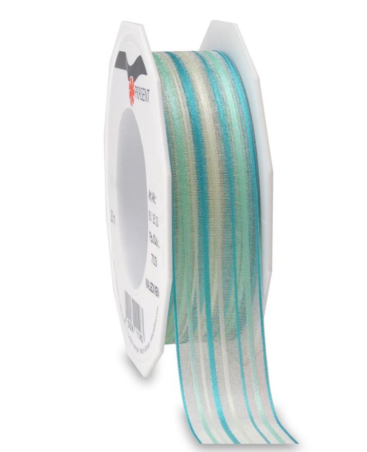 Afbeeldingen van Rol organzalint 25 mm 20 mtr turquoise gestreept
