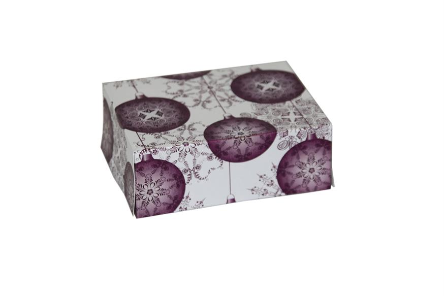 Afbeeldingen van Pak à 25 bonbondoos 250 gram Kerst kerstbal paars rechthoek (ucl)