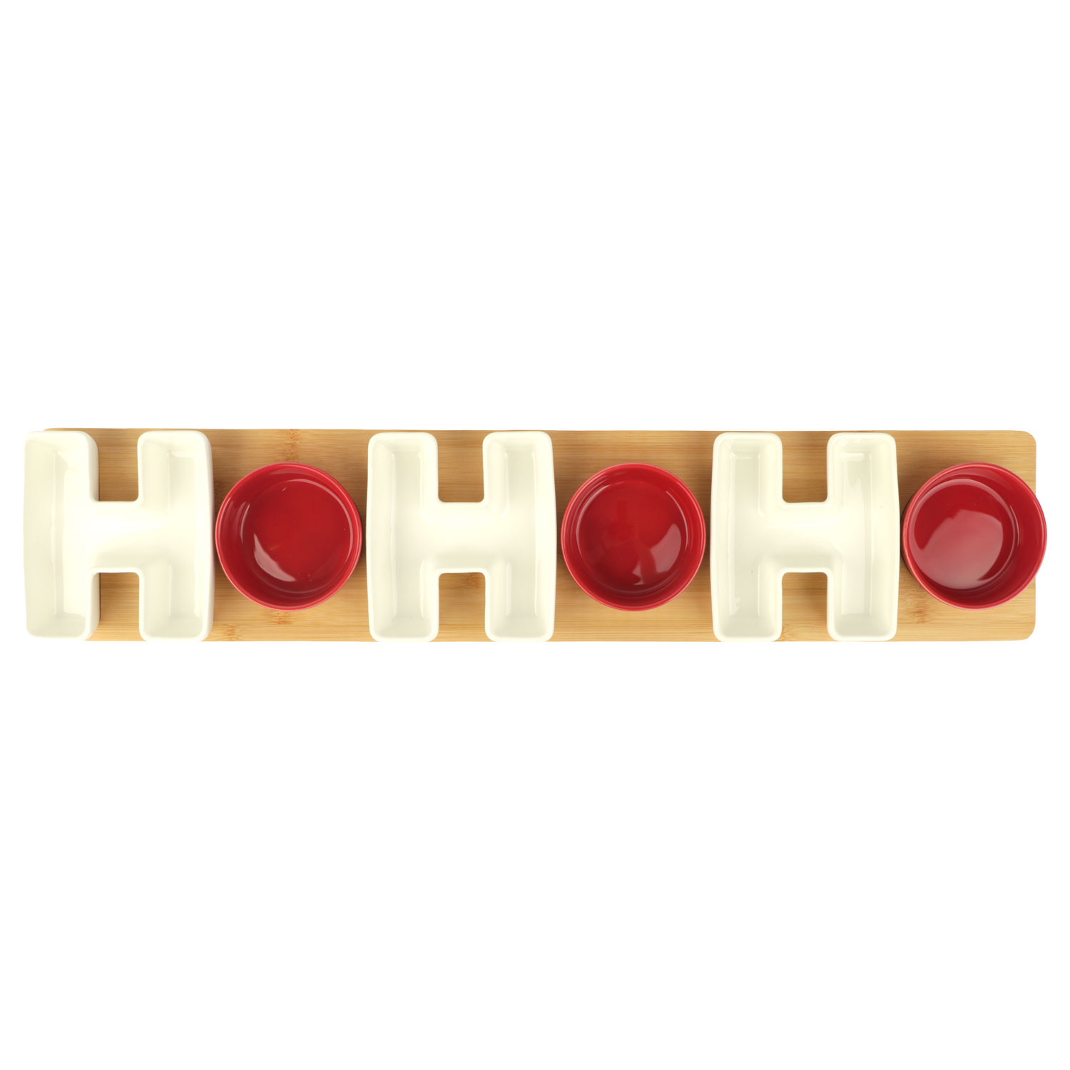 Afbeeldingen van Bamboe plank 62x13x1 cm met 6 bakjes wit/rood HOHOHO 