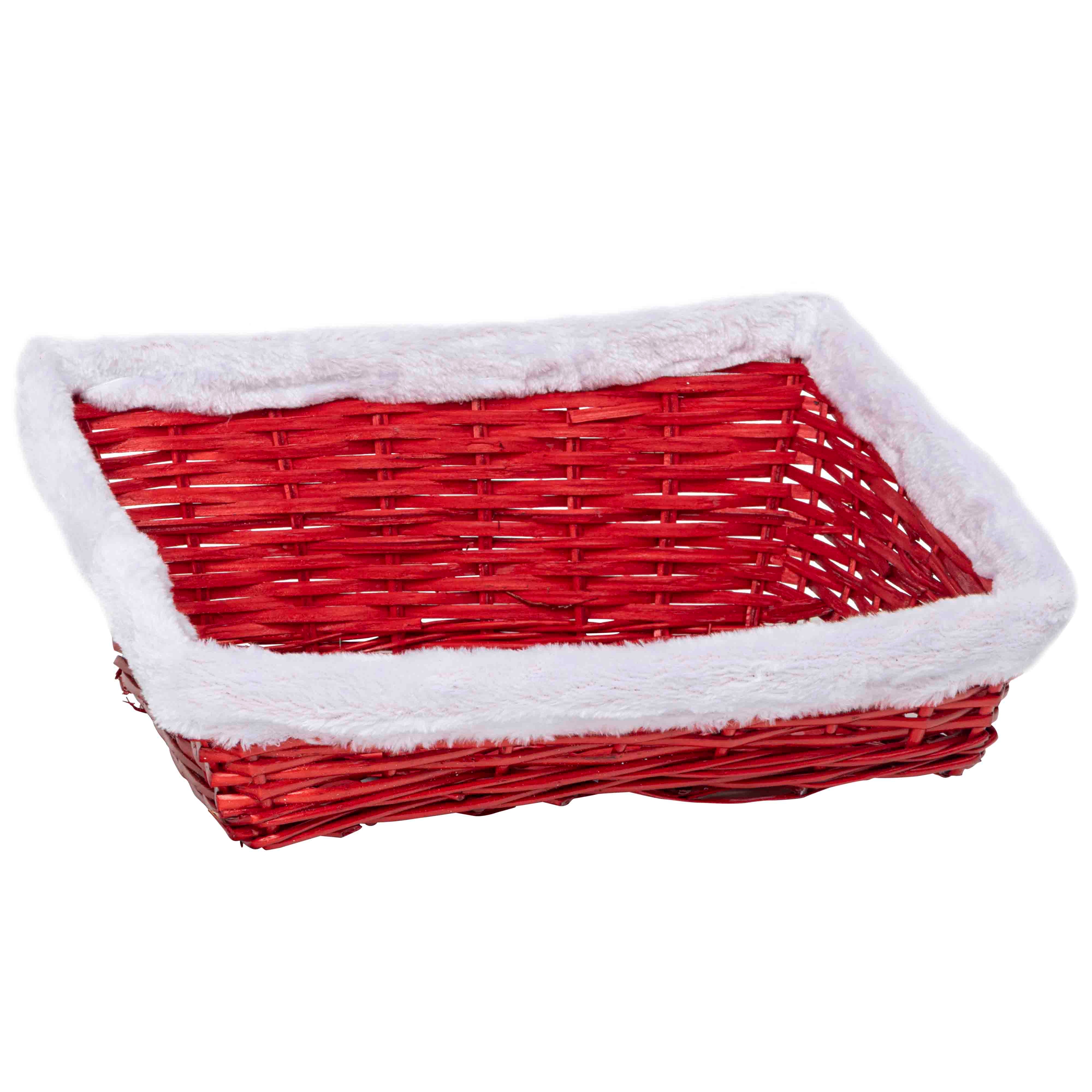 Afbeeldingen van Mand rood met bontkraag rechthoek 40x30x8/15,5 cm 