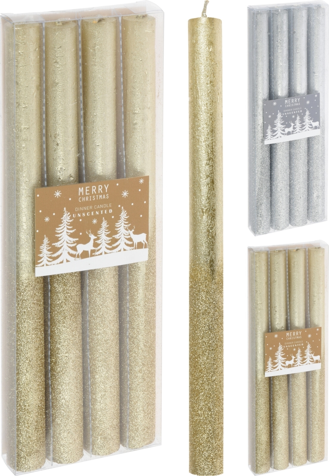 Afbeeldingen van Pak à 4 dinerkaars 25 cm metallic zilver kerstkaars