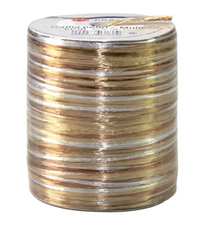 Afbeeldingen van Rol à 50 mtr raffia multi color goud/zilver/koper
