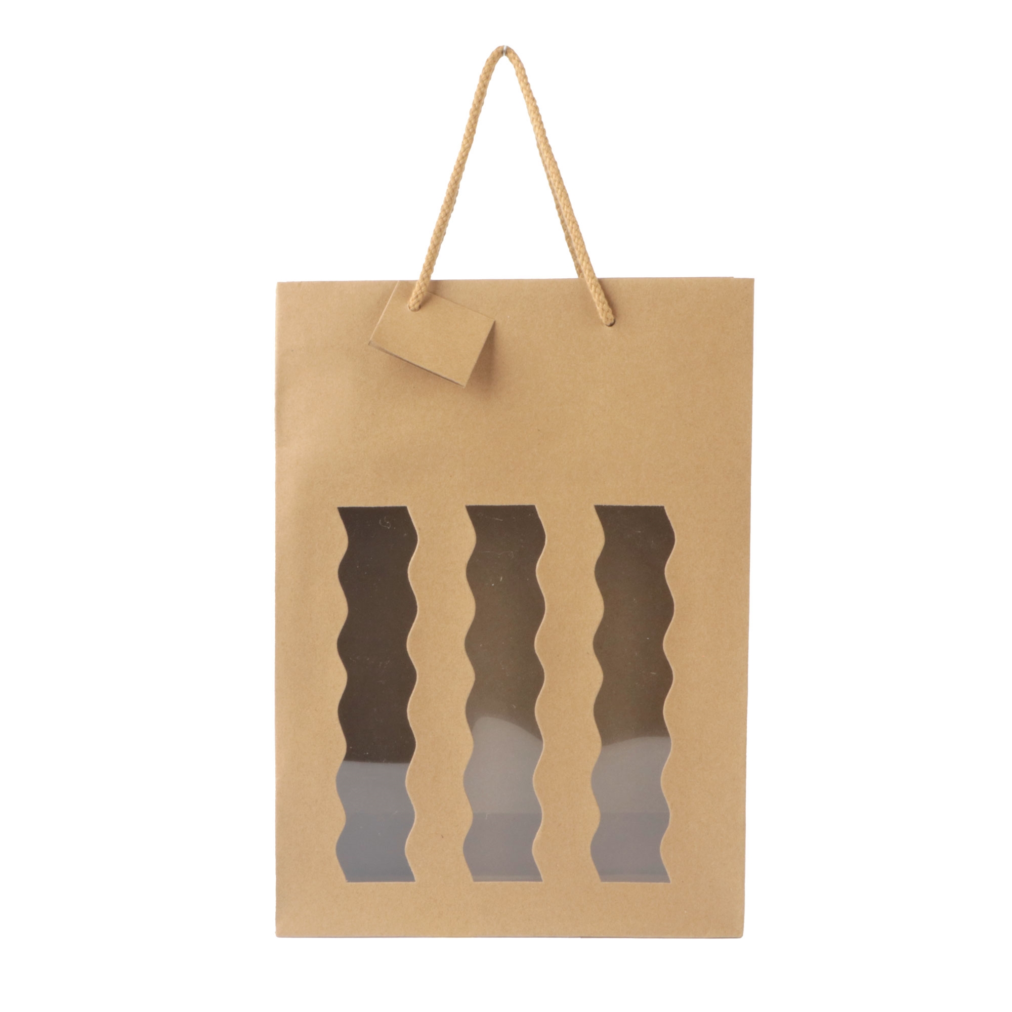 Afbeeldingen van Pak à 10 3 fles draagtas bruin kraft met golvend venster 