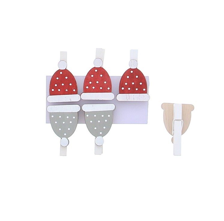 Afbeeldingen van Set à 6 wintermuts 3,5 cm op knijper grijs/rood