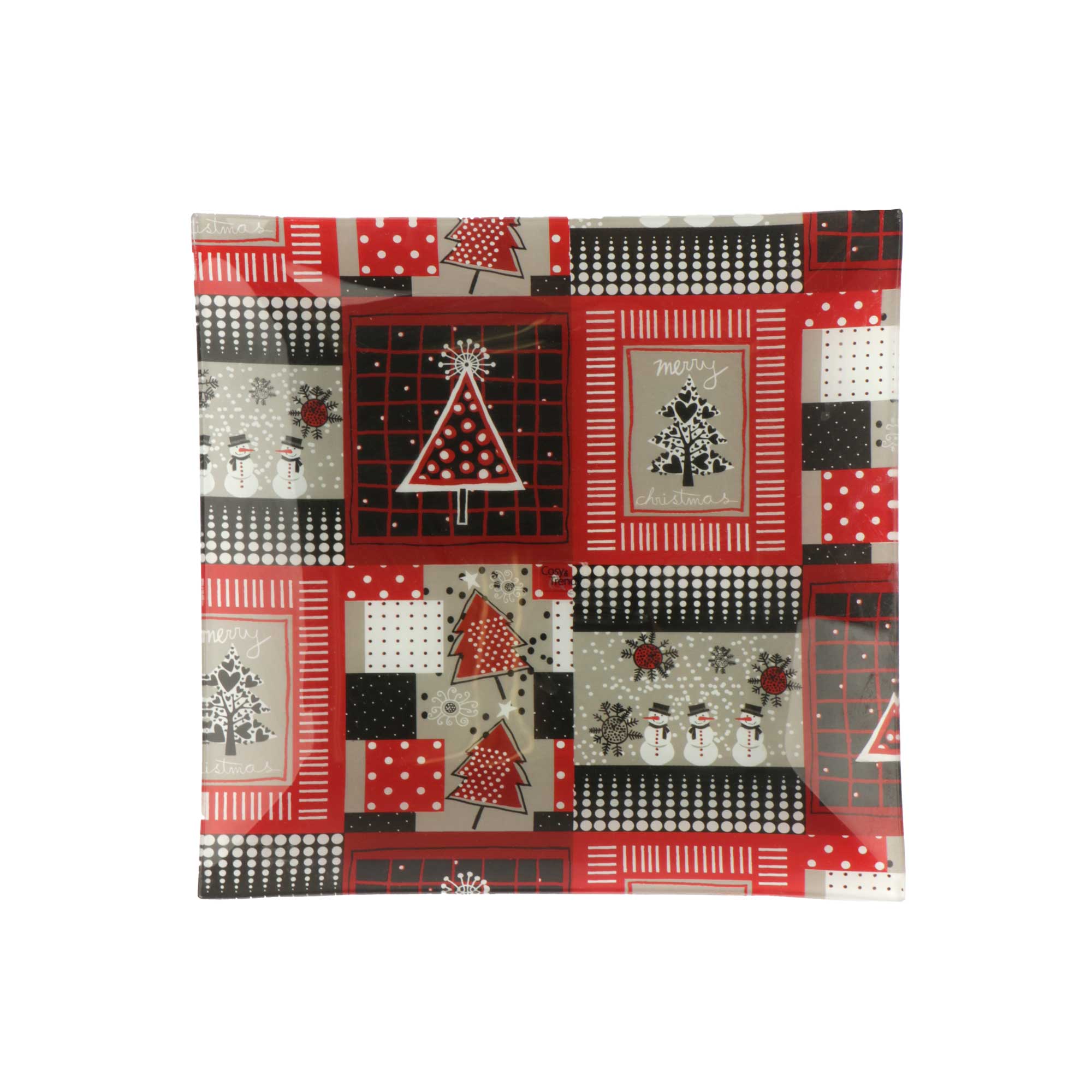 Afbeeldingen van Bord met Kerstdeco rood, zwart & grijs 21,5x21,5 cm (uc)