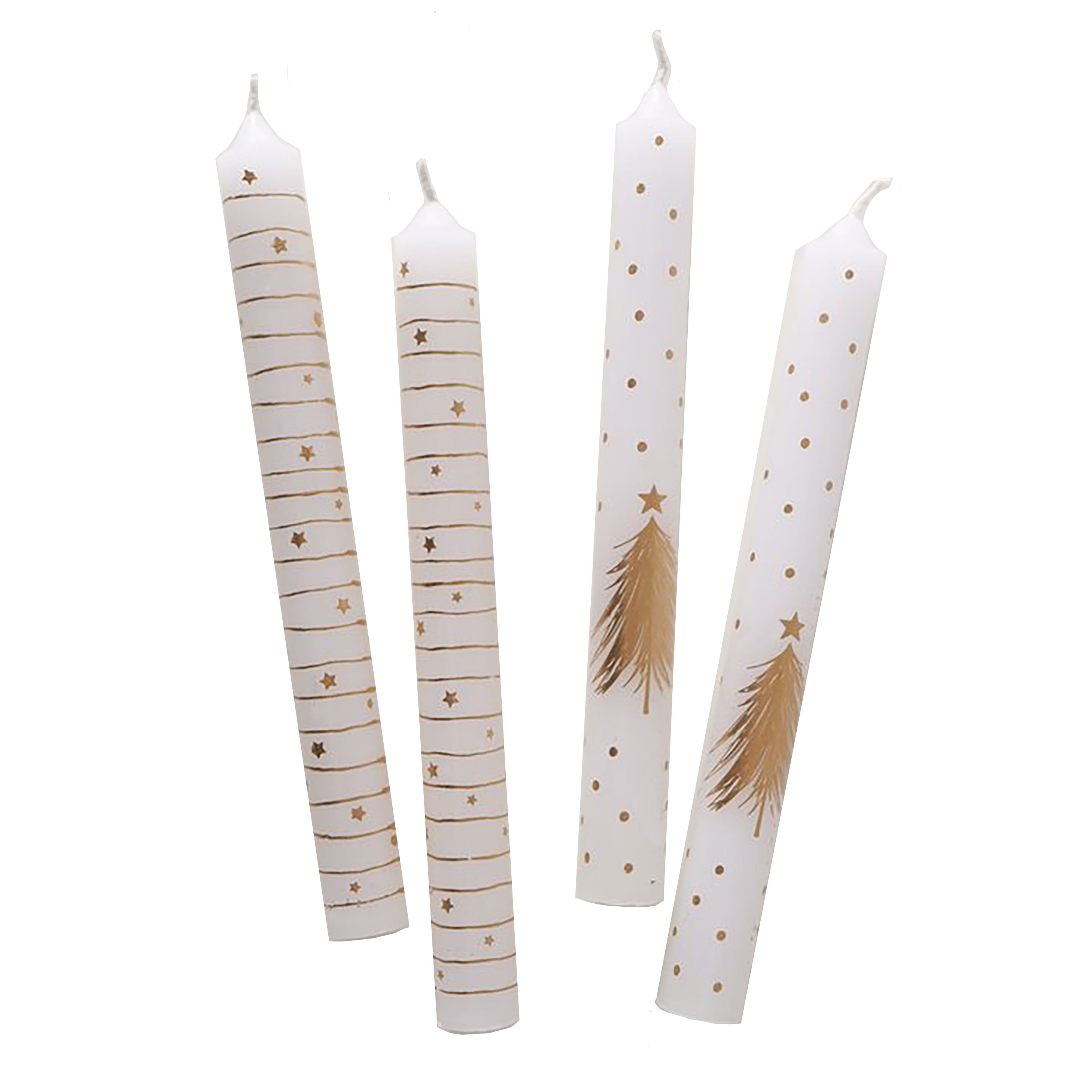 Afbeeldingen van Set à 4 dinerkaars 2,2x20 cm kerstbomen, sterren wit/goud