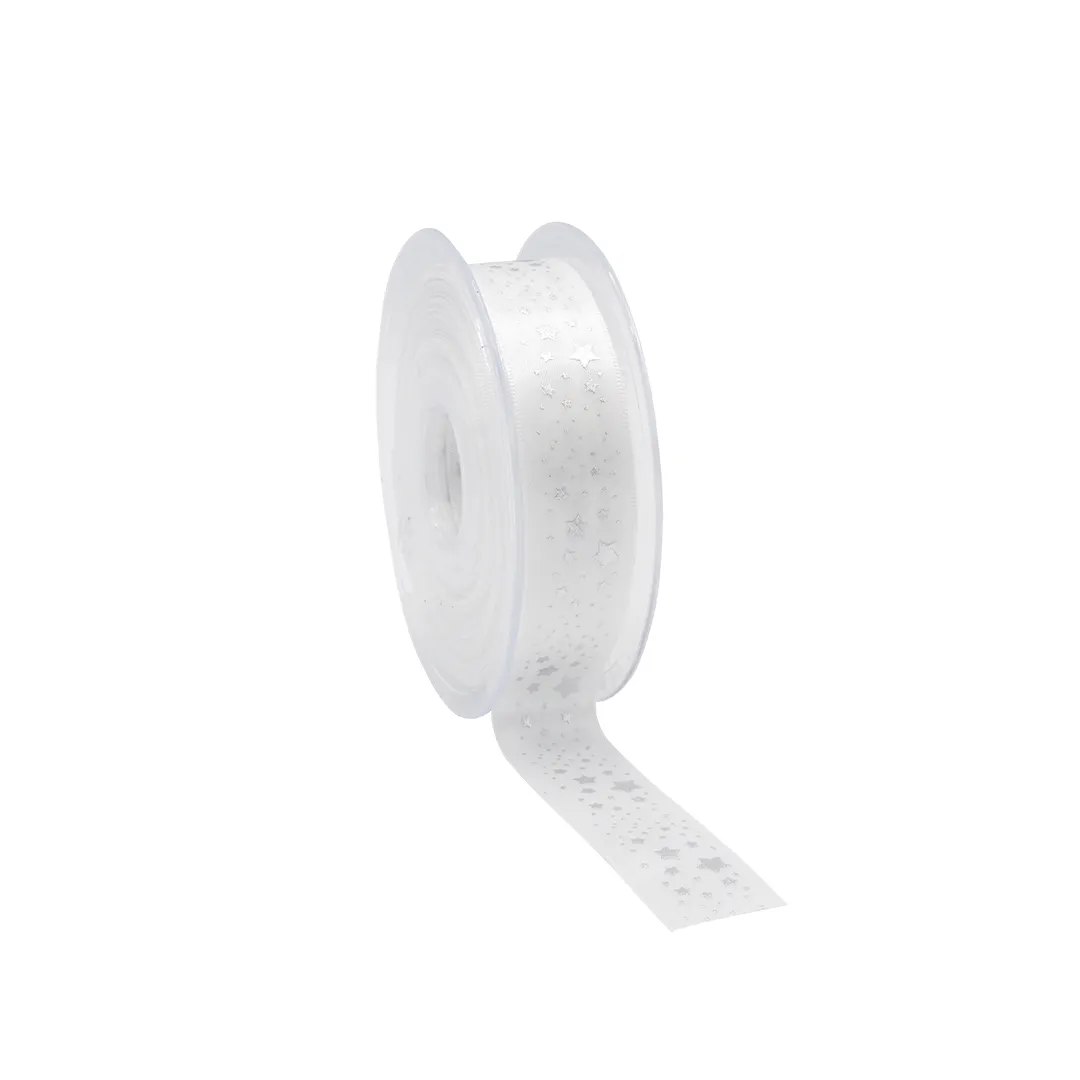 Afbeeldingen van Rol satijnlint 23 mm 25 mtr Wonderful stars wit