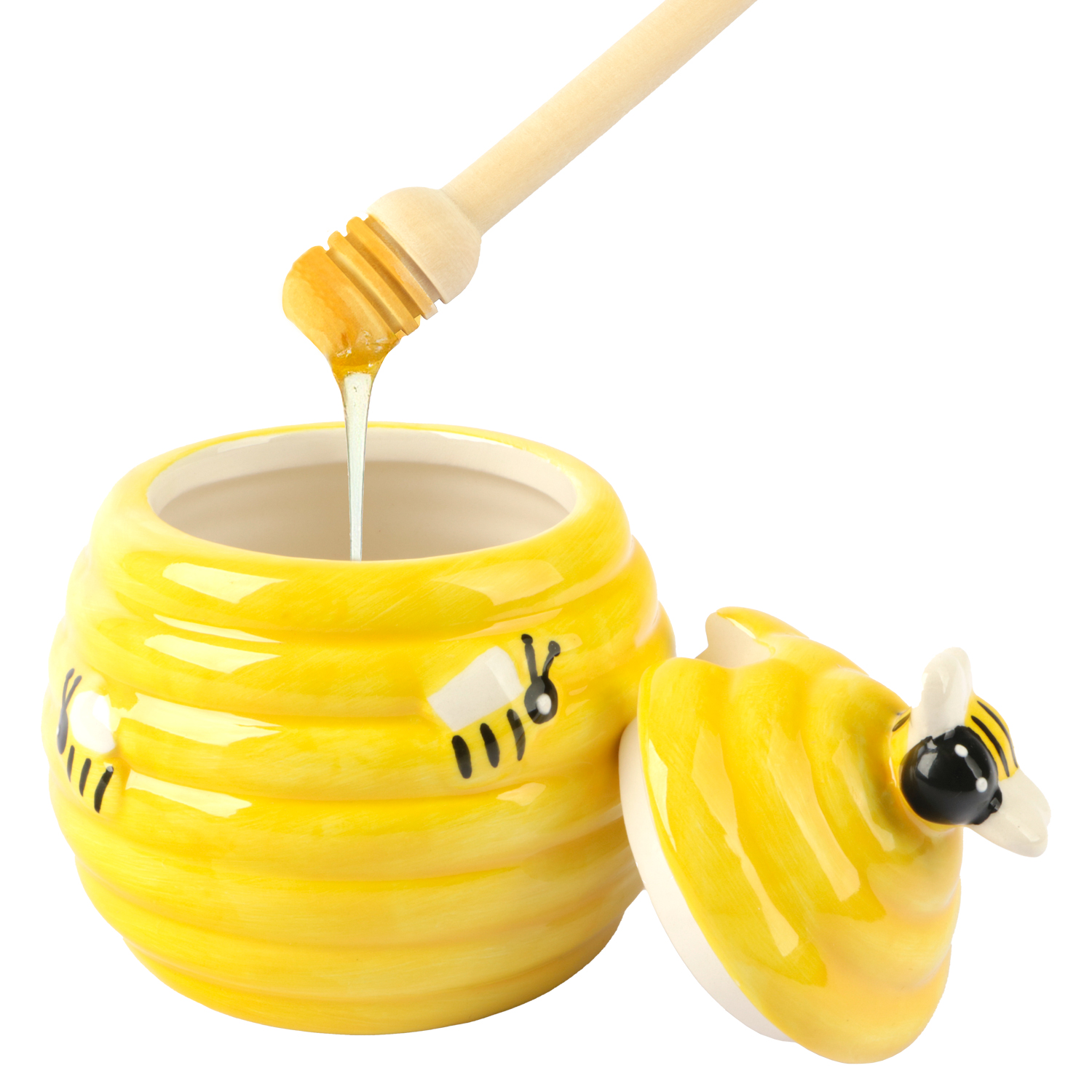 Afbeeldingen van Honingpot ø10x11 cm geel met houten honingstokje 
