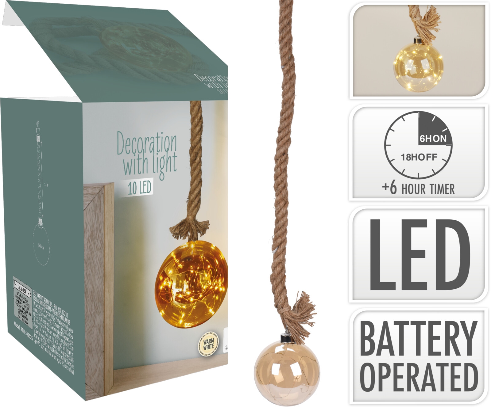 Afbeeldingen van Bollamp glas 9 cm aan touw met 10 led verlichting warm wit  