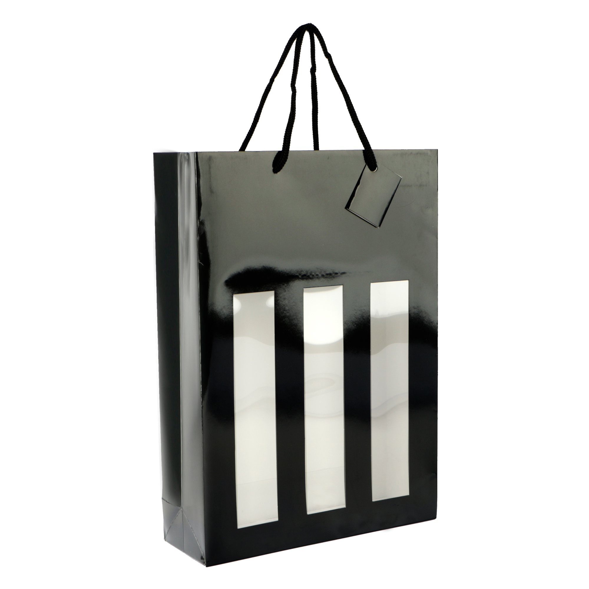 Afbeeldingen van Pak à 10 3 fles draagtas glans zwart met venster (uc)