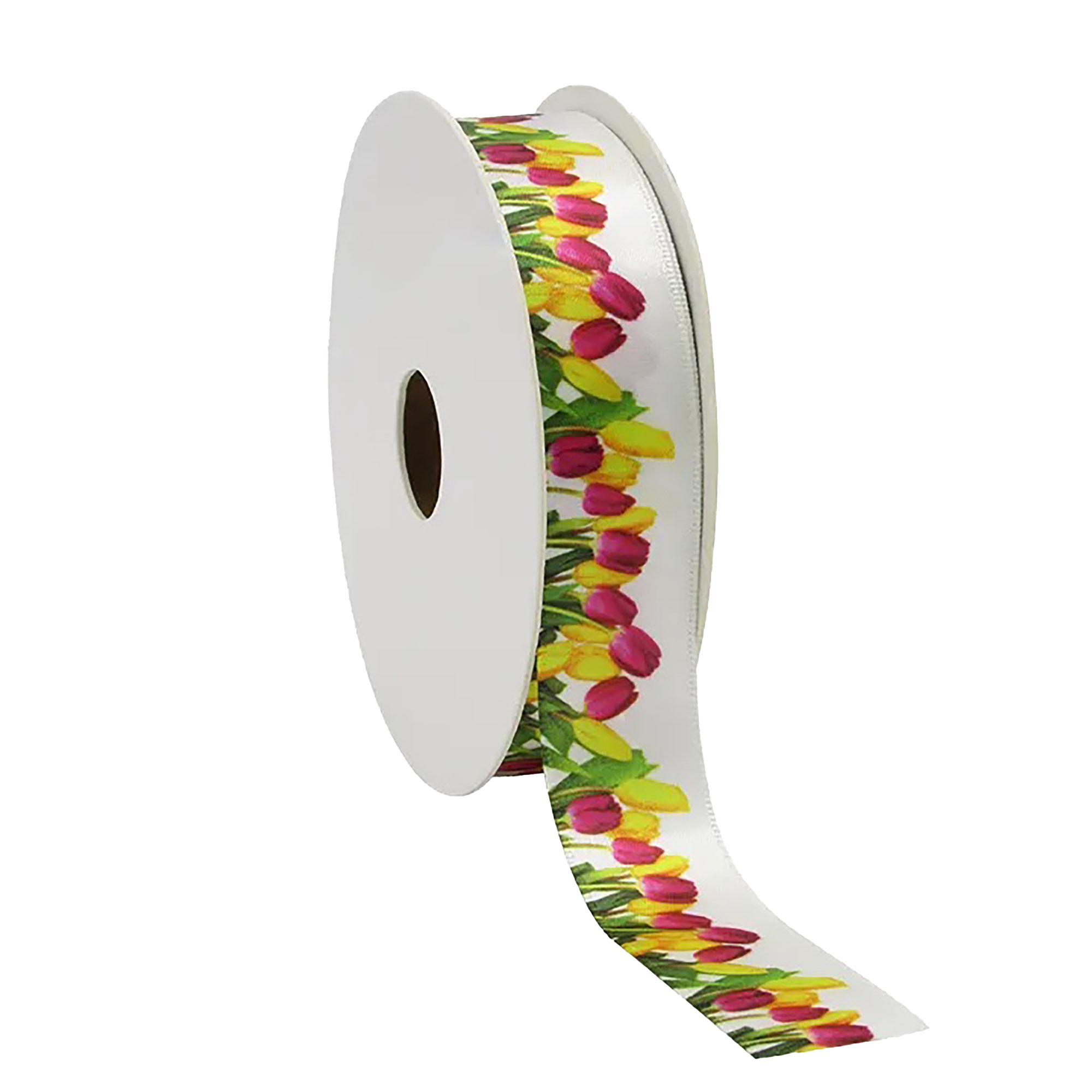 Afbeeldingen van Rol satijnlint  23 mm 20 mtr wit Tulpen