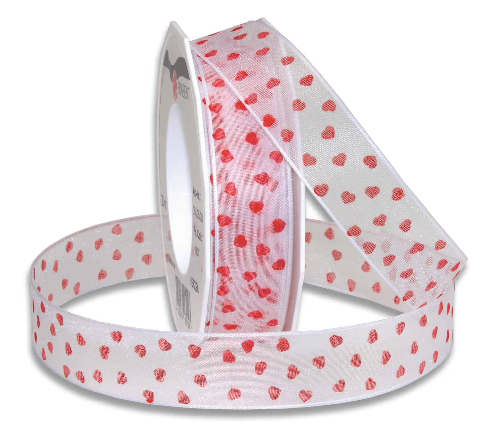 Afbeeldingen van Rol organzalint 25 mm 20 mtr wit met rode hartjes 