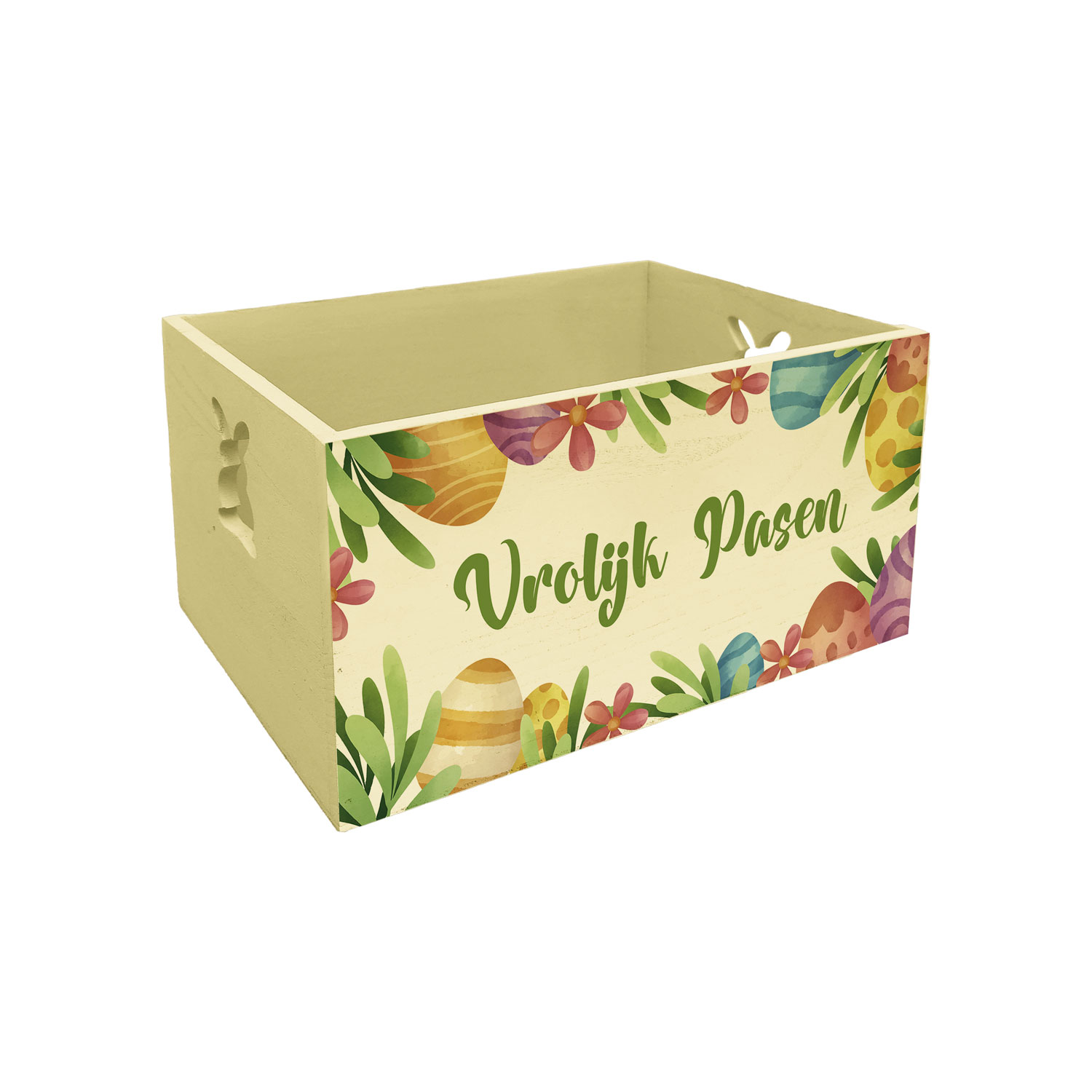 Afbeeldingen van Houten kratje 26x18x13 cm Vrolijk Pasen