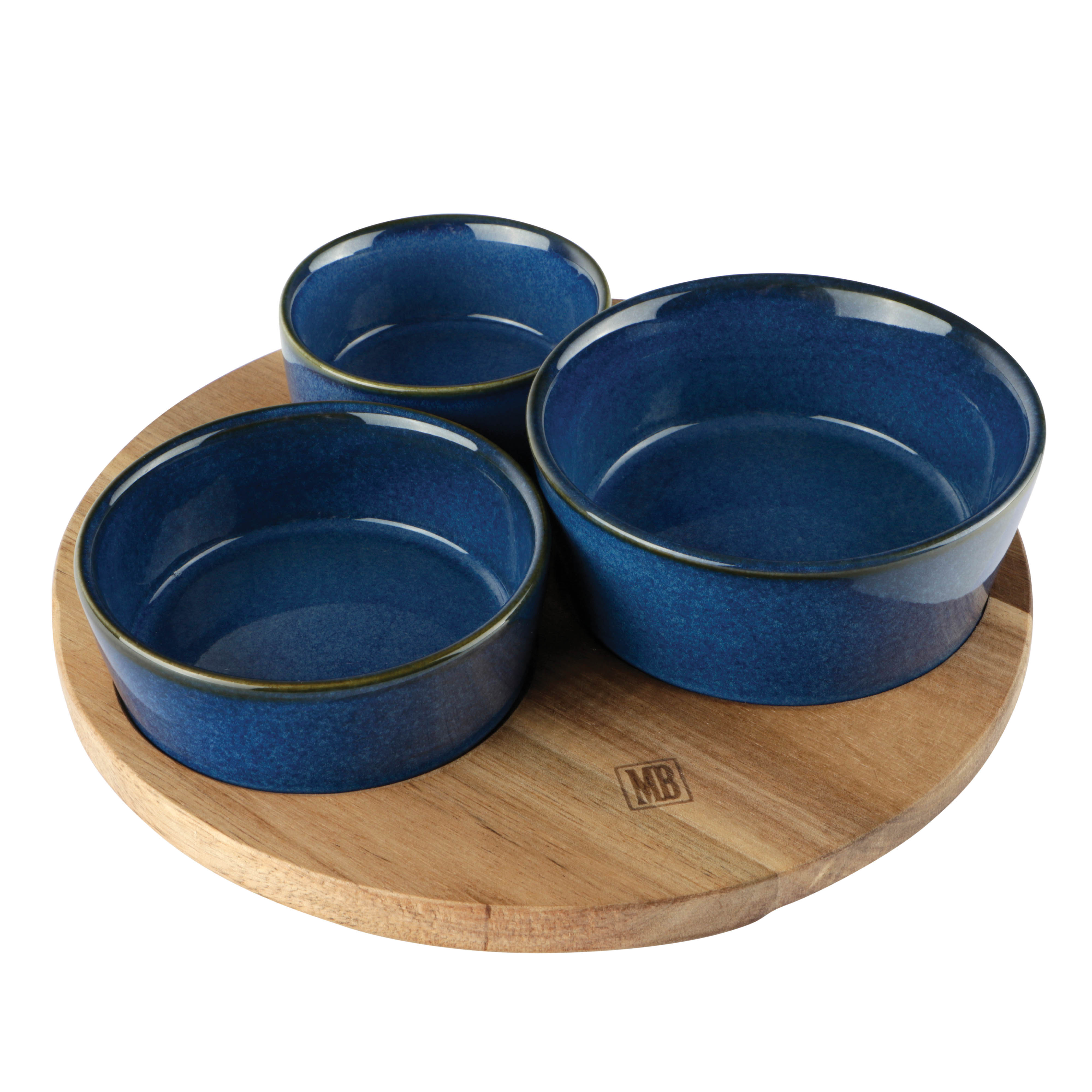 Afbeeldingen van Acacia plank met 3 blauwe keramieken bakjes