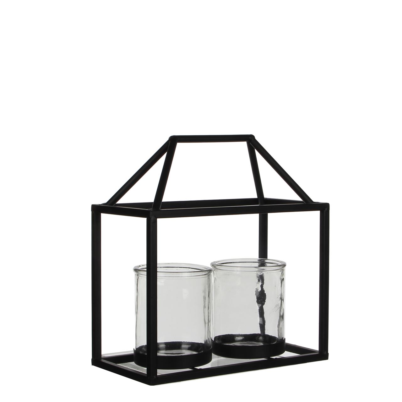 Afbeeldingen van Metalen huis met 2 theelichthouders 28x14x30 cm zwart 