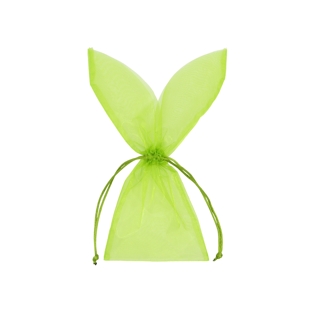 Afbeeldingen van Pak à 10 organza zak Paashaas 12x29 cm grasgroen met trekkoord