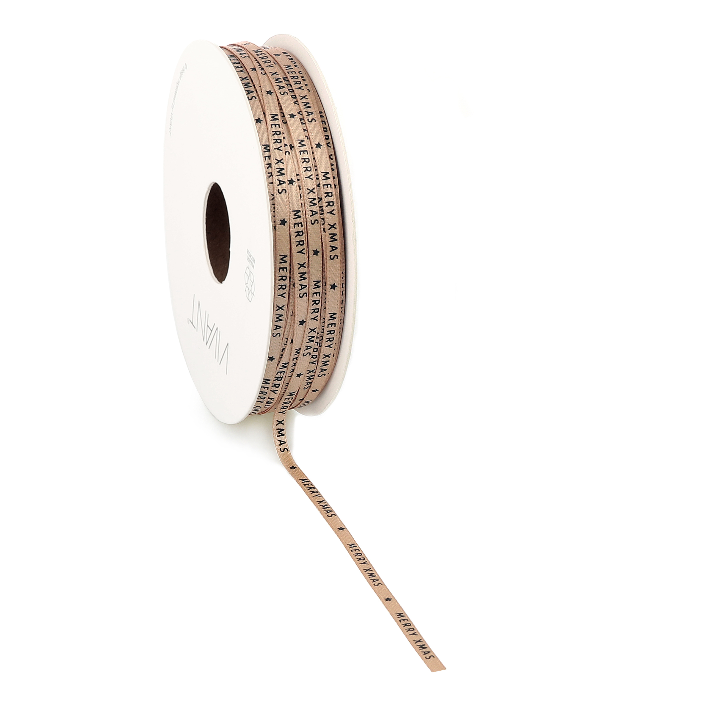 Afbeeldingen van Rol satijnlint 3 mm 50 mtr Merry Xmas lichtbruin 