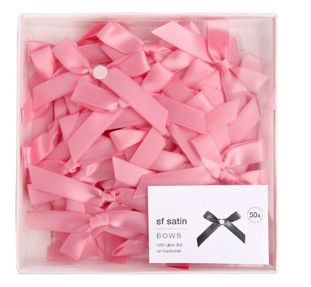 Afbeeldingen van Pak à 50 cadeaustrik satijn 5,5x5 cm roze met plakker