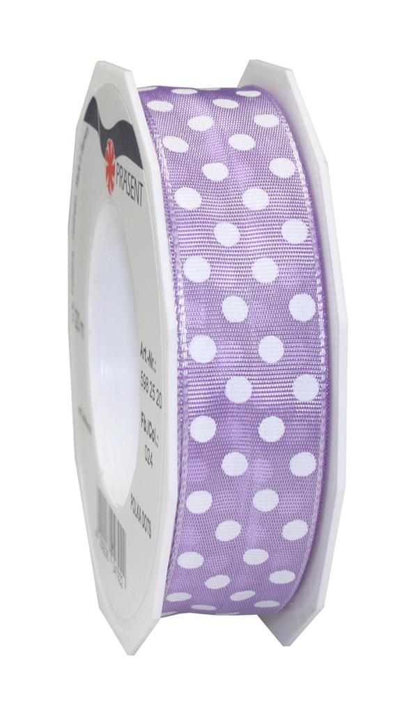 Afbeeldingen van Rol textiellint bedraad 25 mm 20 mtr lila met stippen