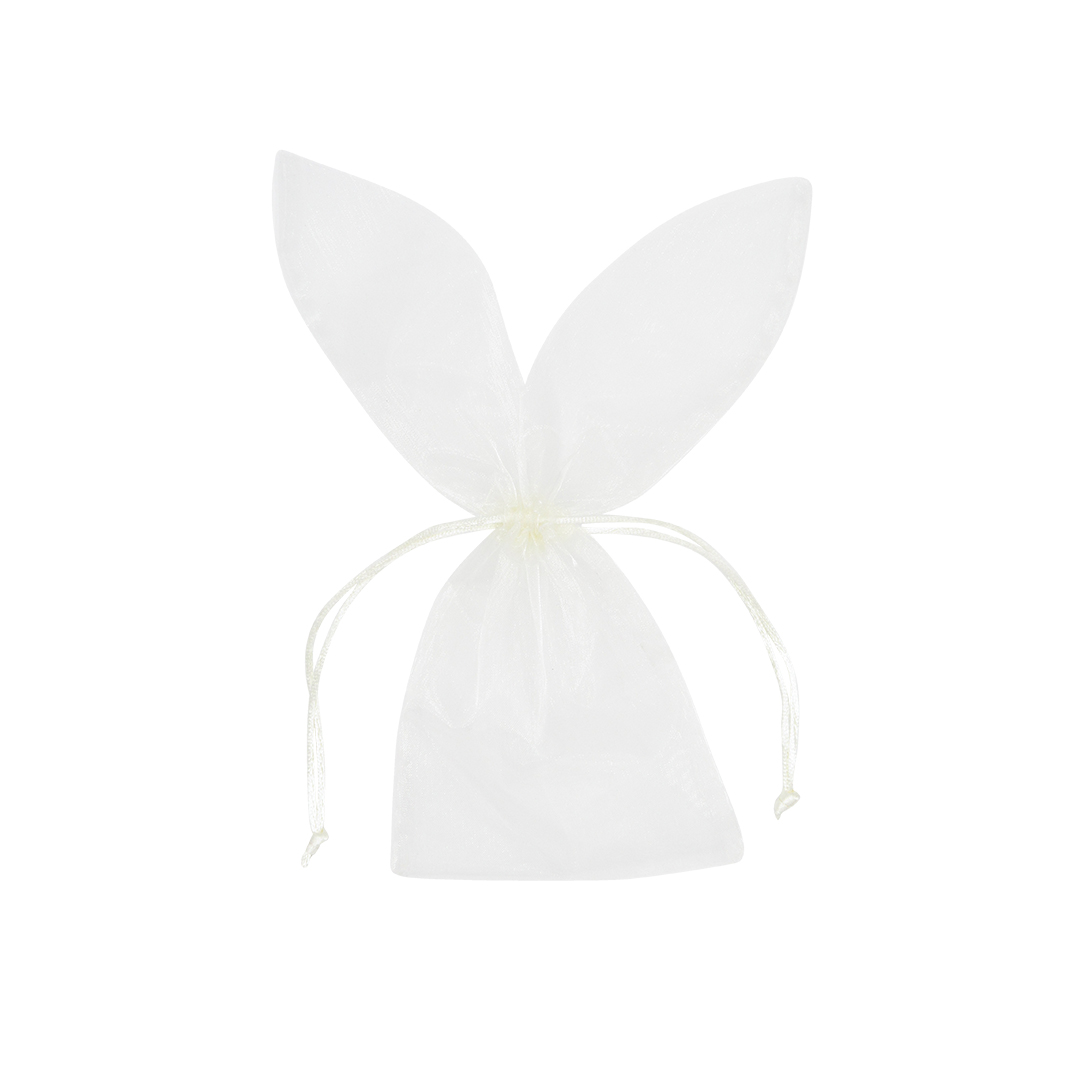 Afbeeldingen van Pak à 10 organza zak Paashaas 12x29 cm wit met trekkoord