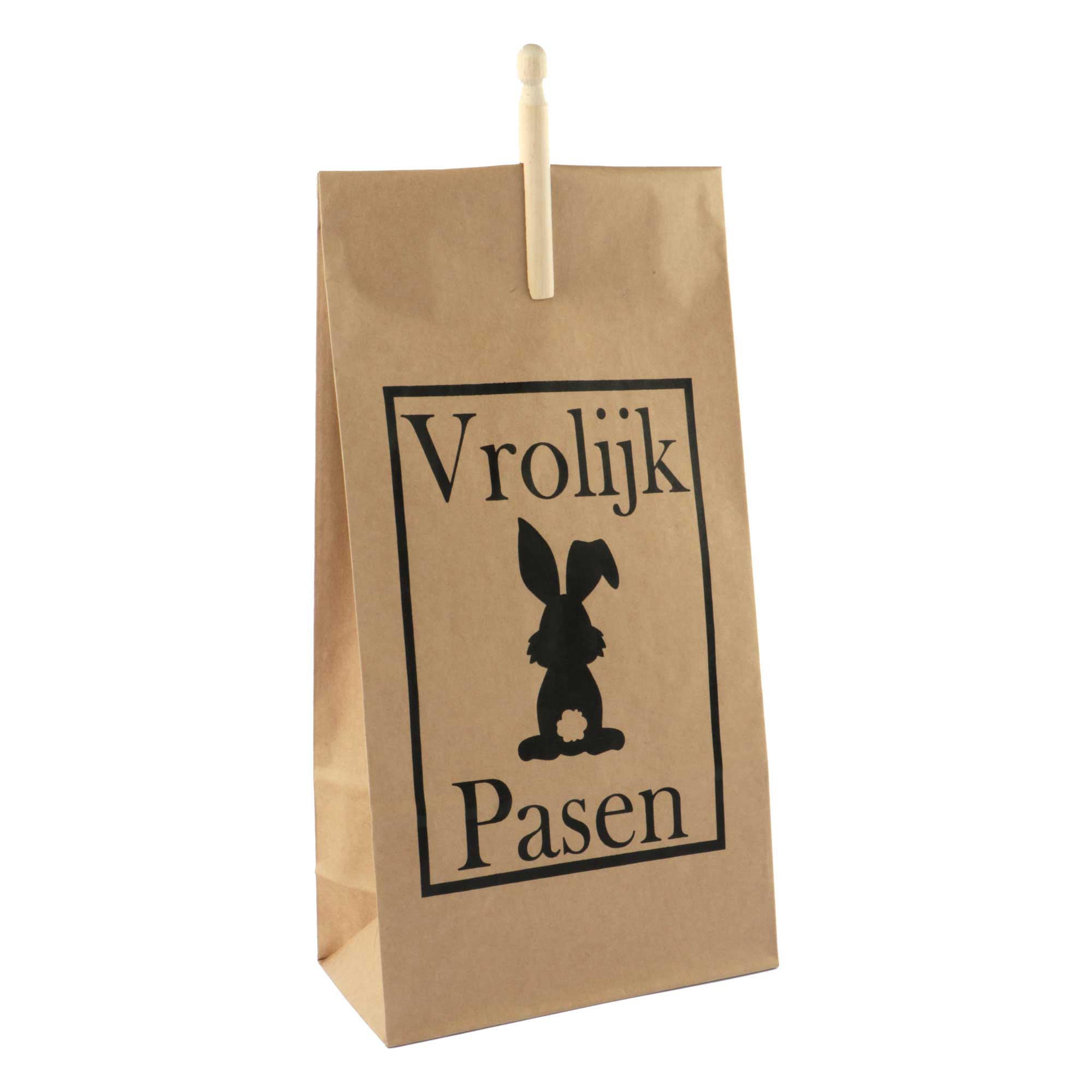 Afbeeldingen van Pak à 10 papieren zak Vrolijk Pasen 20+10x47 cm incl. knijper