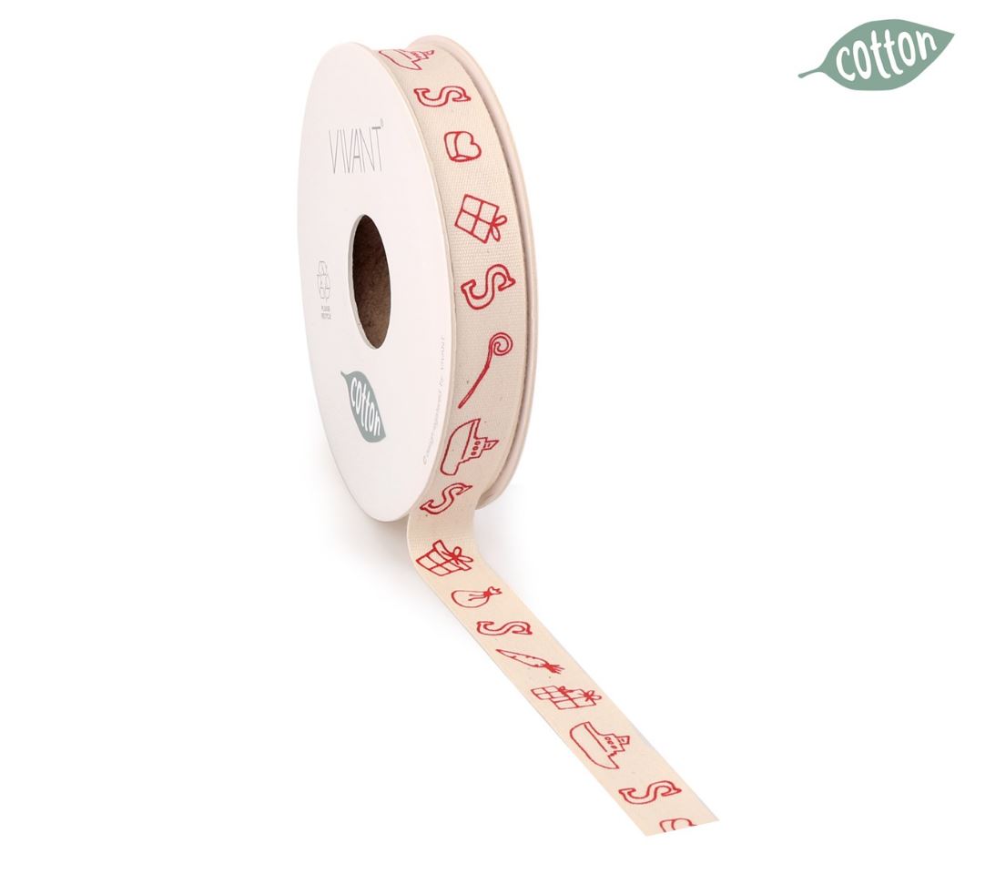 Afbeeldingen van Rol katoenlint 15 mm 20 mtr creme/rood Sint