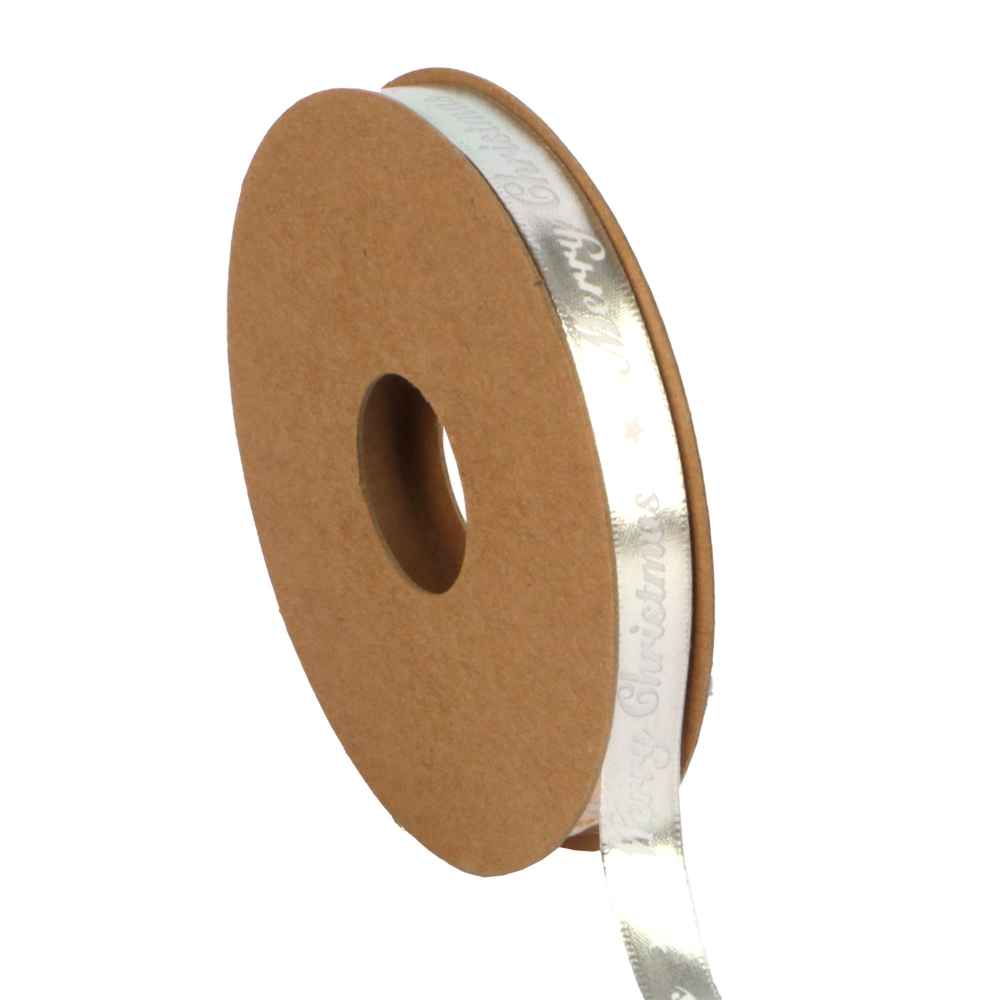 Afbeeldingen van Rol satijnlint 10 mm 20 mtr Merry Christmas glimmend zilver