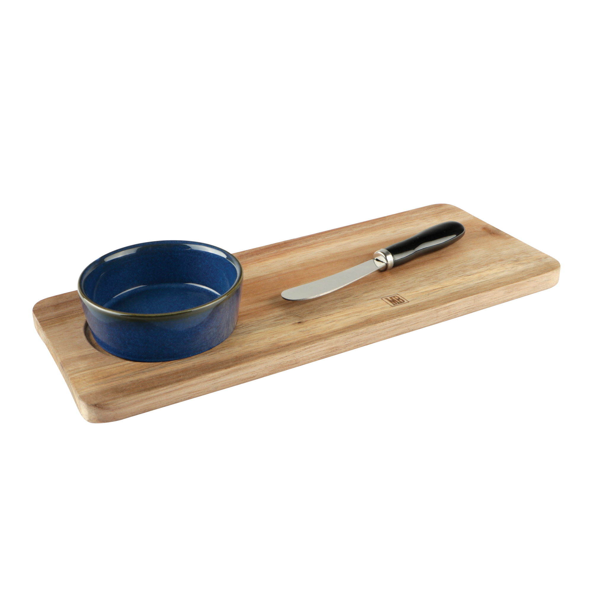 Afbeeldingen van Acacia plank 30x12 cm met mesje en keramiek bakje 