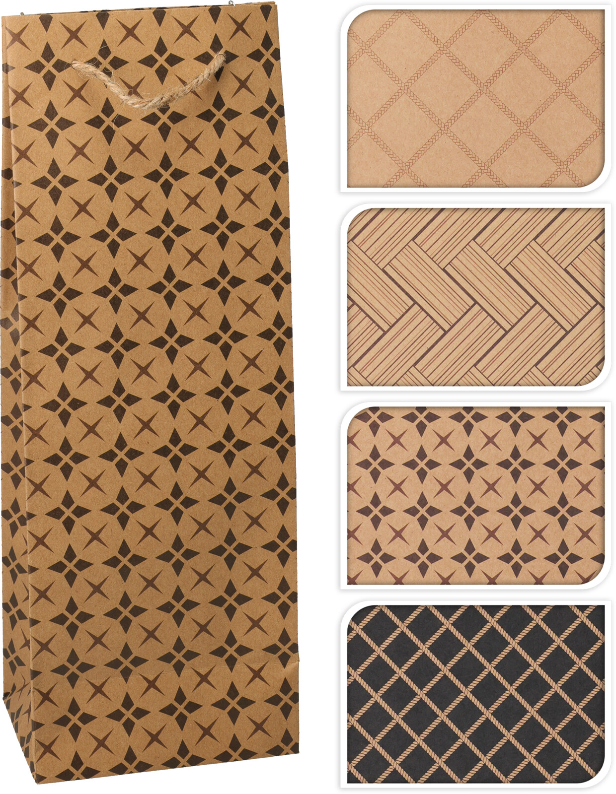 Afbeeldingen van Pak à 24 1 fles draagtas 12+9x36 cm kraft zwart/bruin assorti