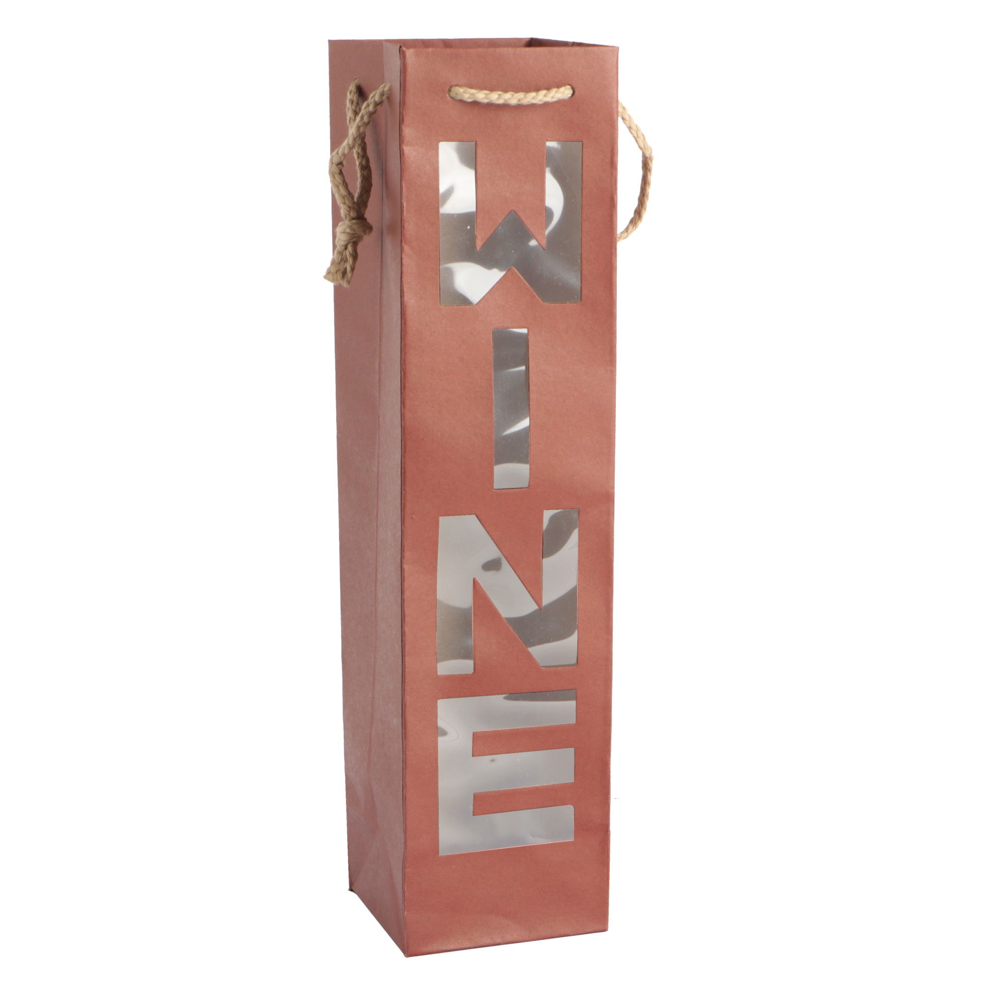 Afbeeldingen van Pak à 12 1 fles draagtas rood kraft met venster WINE 