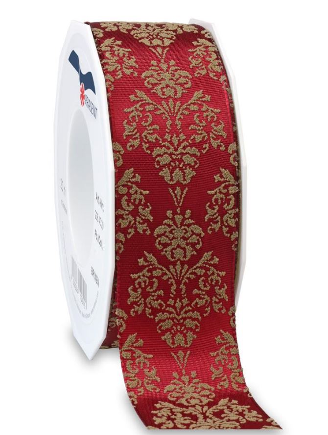 Afbeeldingen van Rol textiellint bedraad 40 mm 20 mtr ornament rood/taupe