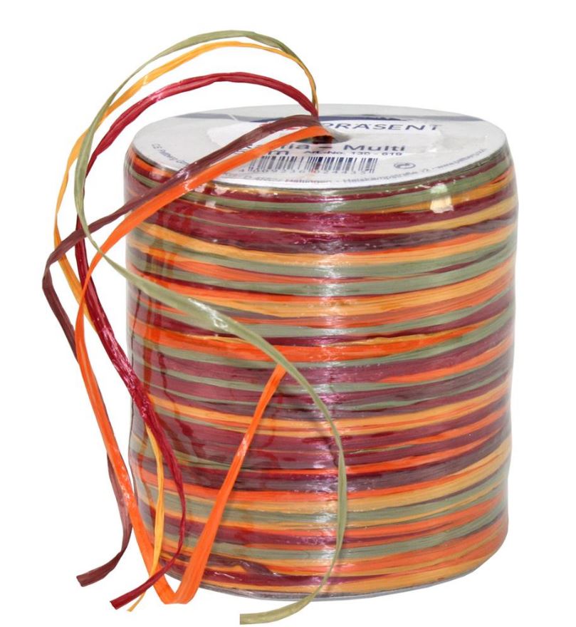 Afbeeldingen van Rol à 50 mtr raffia multi color bordeaux/oranje/groen