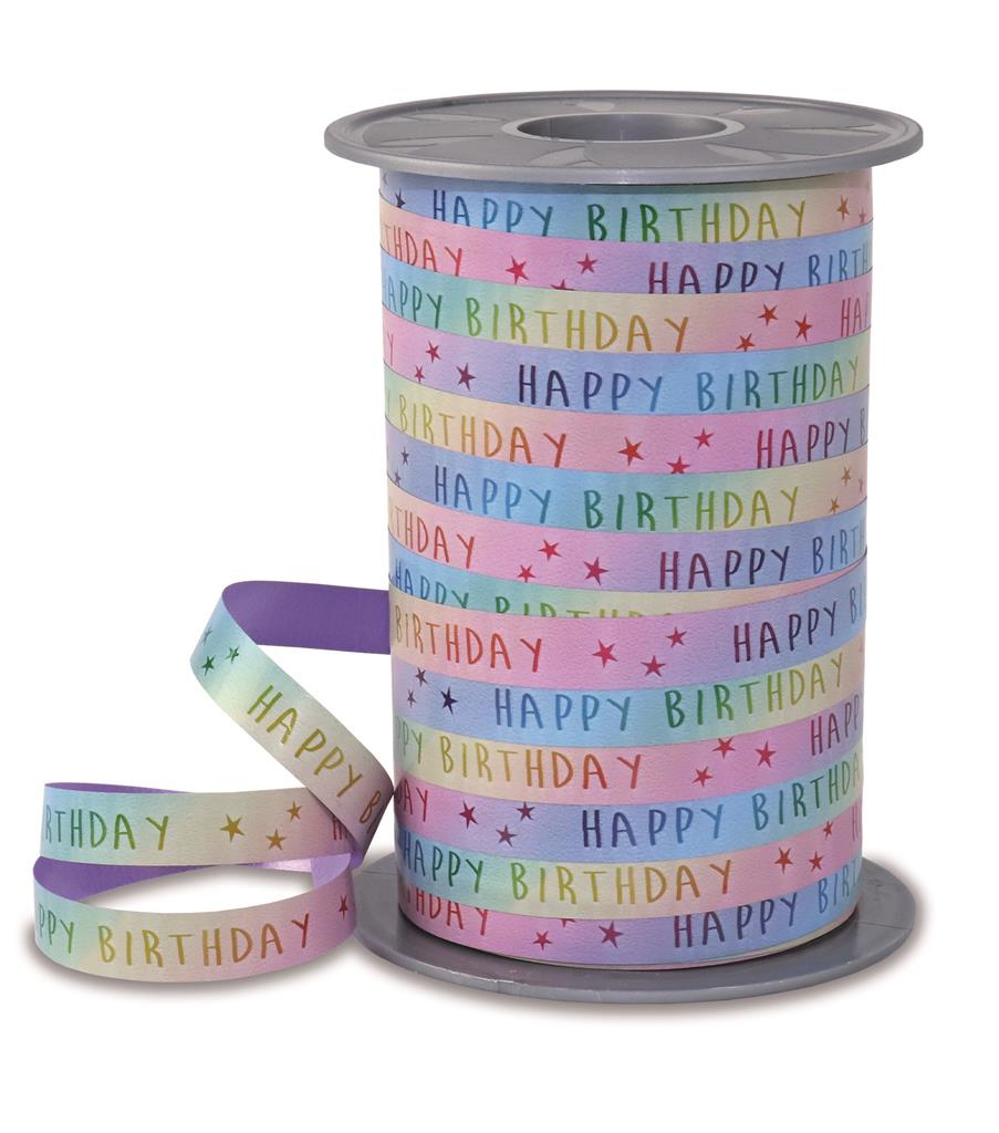 Afbeeldingen van Rol krullint 10 mm 200 mtr Happy Birthday rainbow (uc)