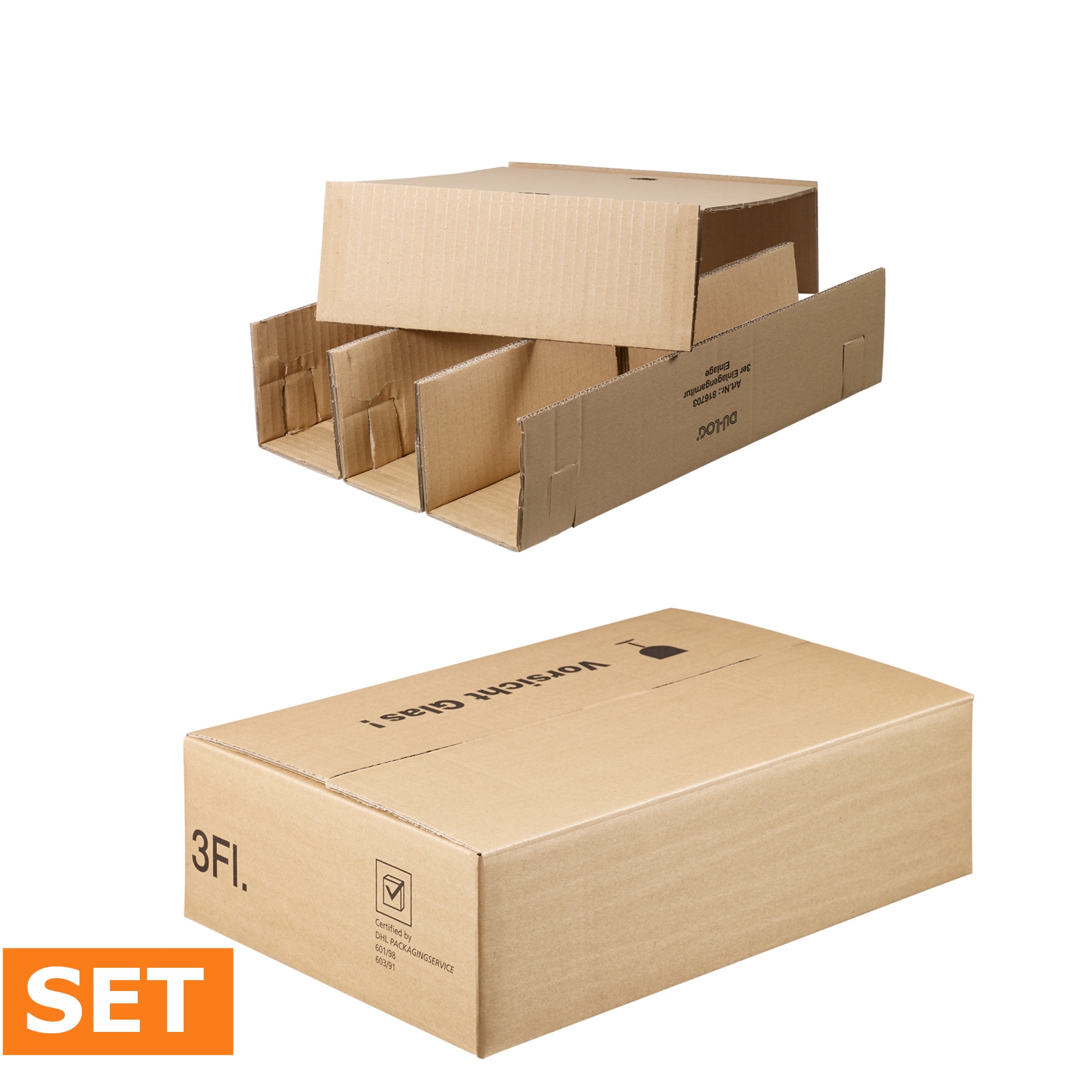 Afbeeldingen van Pak à 25 verzenddoos 3 fles liggend 40x28x11 cm inclusief interieur