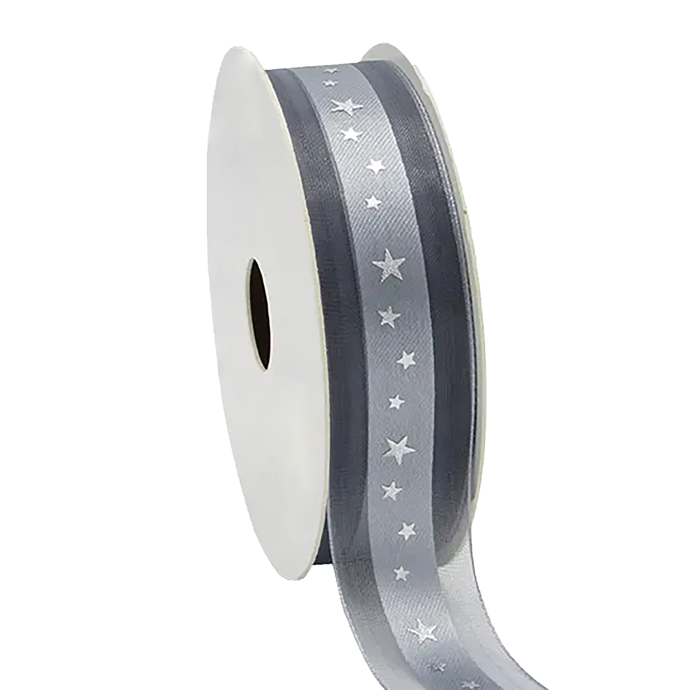 Afbeeldingen van Rol lint organza met satijn 25 mm 20 mtr Stars zilver